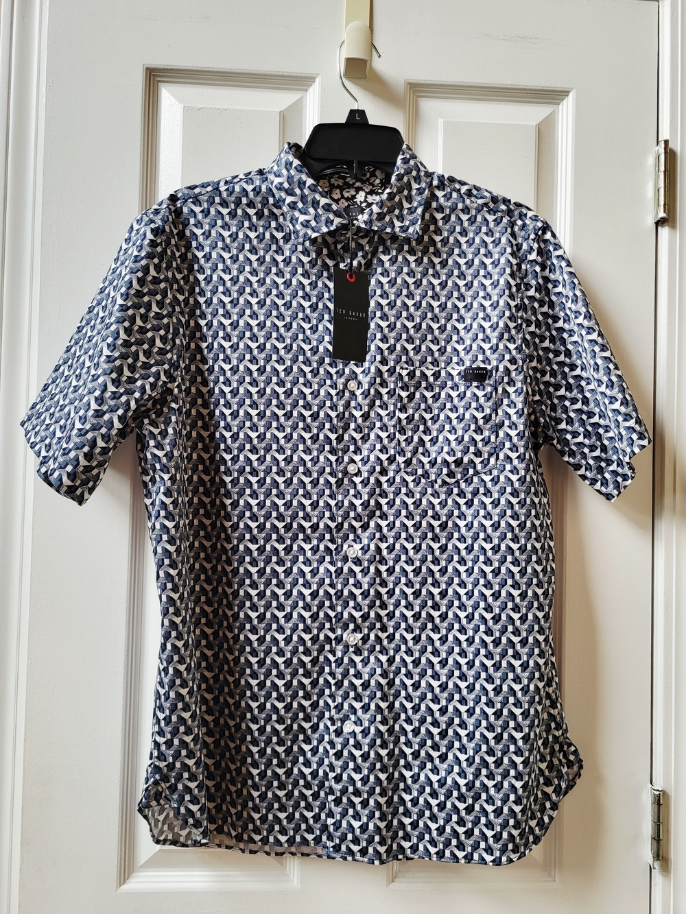 NWT Ted Baker Mens Printed Shirt Dark Denim Geometric Short Sleeve Medium $150